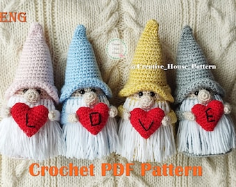 Valentine gnomes crochet pattern, amigurumi gnome, valentine crochet pattern, home decor, gnome with heart, Valentines day gift, instant PDF