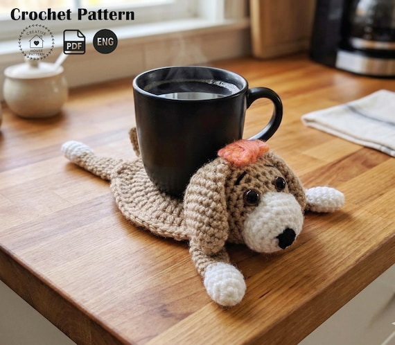 Dog crochet pattern PDF English, coaster crochet pattern, decor coaster crochet, crochet coasters, easy crochet patterns, amigurumi coaster