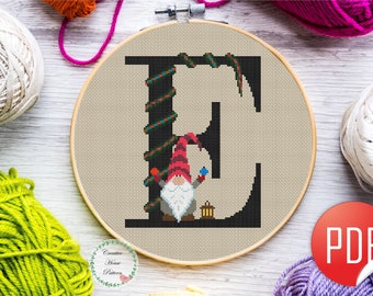 Letter E cross stitch pattern, Christmas gnome cross stitch, alphabet embroidery, counted cross stitch, initial cross stitch, monogram e