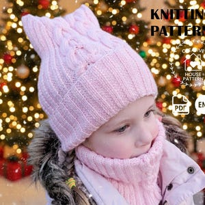 Paquete de patrones de punto para gorro con orejas de gato y bufanda tubular, gorro de punto trenzado con tutorial en PDF en inglés.