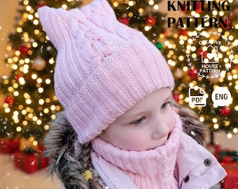 Cat Ear Hat and Cowl Knitting Pattern Bundle, Cable Knit Beanie PDF English Tutorial