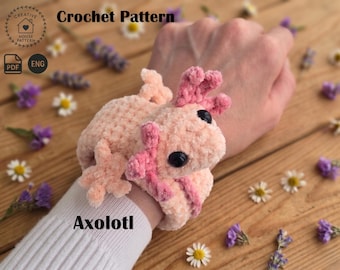 Axolotl Slap Armband Pattern, Amigurumi Slap Band, Tier Lesezeichen und Taschenanhänger DIY PDF, ohne nähen zu häkeln
