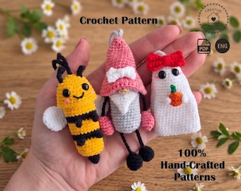 Patrón de ganchillo para soporte de bálsamo labial 3 en 1, tutorial en PDF para llavero de bálsamo labial con gnomo abeja y fantasma, hilo sobrante para funda de lápiz labial
