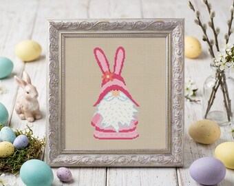 Patrón de punto de cruz de conejito gnomo de Pascua, lindo diseño de bordado primaveral, gnomo pastel en PDF, orejas de conejo en punto de cruz, regalo de Pascua hecho a mano