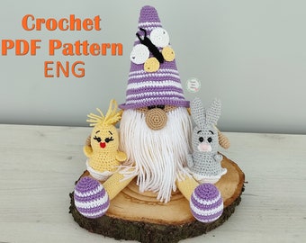 Gnome crochet pattern, Easter gnome crochet pattern, amigurumi gnome pattern, gnome with a butterfly, crochet easter bunny and easter chick