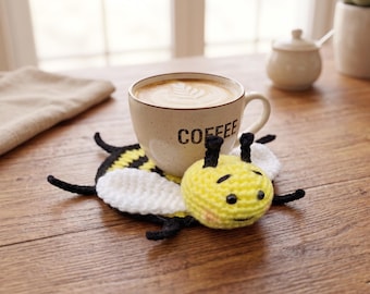 Bee Mug Rug Crochet Pattern, Cute Coffee Coaster, Kawaii Bumblebee Coaster, Easy Crochet Gift PDF