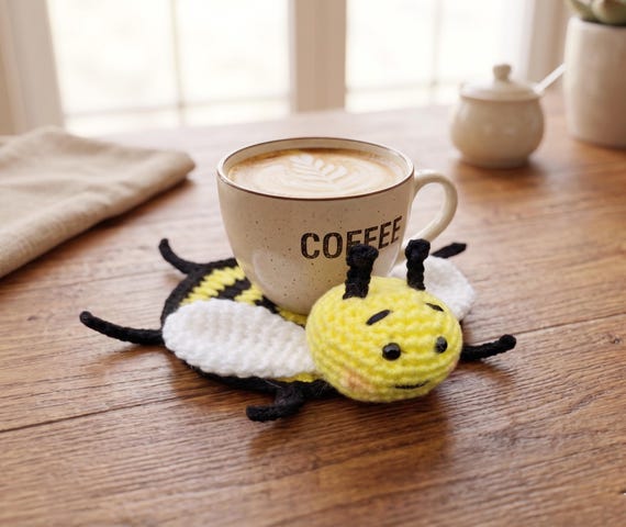 Bee Mug Rug Crochet Pattern, Cute Coffee Coaster, Kawaii Bumblebee Coaster, Easy Crochet Gift PDF