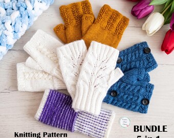 5-in-1 Seamless Knit Fingerless Mittens Pattern PDF Bundle, Knit in the Round Wrist Warmers Tutorial Pack