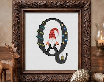 Gnome Letter Q Cross Stitch Pattern, Christmas Monogram Alphabet PDF