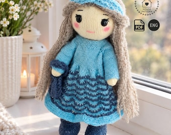 Strickmuster für eine Puppe (PDF), Anleitung für abnehmbares blaues Kleid, Stiefel, Tasche und Haarband, 30 cm langes Stofftier mit langem Haar