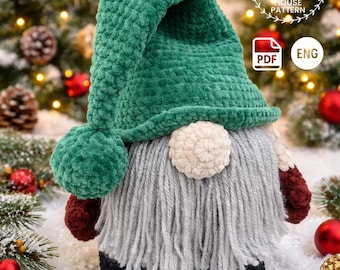 May include: A handmade crochet gnome with a green hat, grey beard, and red mittens. The gnome has a white nose and black shoes. The image includes the text "CROCHET PATTERN" and "CREATIVE HOUSE PATTERN". The background features Christmas decorations.