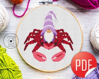 Gnome with Crab Cross Stitch Pattern, Beach Gnome Embroidery PDF, Cute Coastal Summer Design, Nautical Wall Art Chart, Digital Download