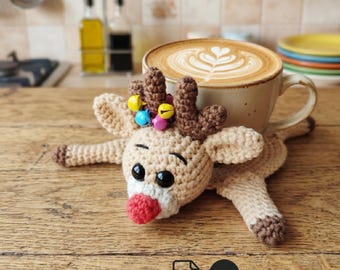 Coaster crochet pattern PDF, amigurumi deer crochet, Christmas gift, decor coaster, crochet mug rug, animal cup holder