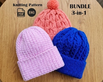 Knit in the Round Cable Beanie Pattern Bundle, Cozy 3-in-1 Textured Hat Slouchy Toque PDF