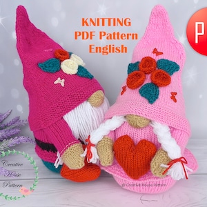 Gnome KNITTING PATTERN, Valentine gnomes with heart pattern, Knitted couple gifts, Knitting gnomes couple pattern, Knit in the round