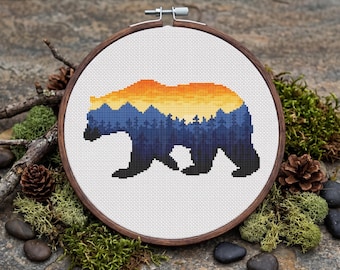 Bear Silhouette Sunset Cross Stitch Pattern: Wildlife Embroidery (PDF Download)