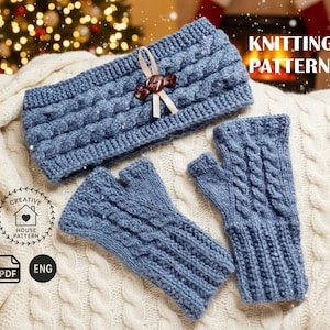 Patrón de tejido SET, Patrón de guantes sin dedos PDF en inglés, Patrón de mitones sin dedos, Patrón de tejido de diadema, Diadema tejida