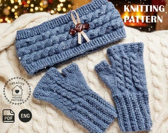Patrón de tejido SET, Patrón de guantes sin dedos PDF en inglés, Patrón de mitones sin dedos, Patrón de tejido de diadema, Diadema tejida