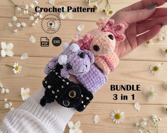 3-in-1 Fantasy Slap Bracelet Crochet Pattern: No-Sew Axolotl, Dragon, Salamander Amigurumi Bundle, Multi-use Fidget Lesezeichen & Spielzeug PDF