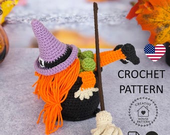 May include: A crocheted witch gnome featuring a purple pointed hat, long orange yarn hair, and a black body. The figure holds a brown broom with a cream-colored base. Text on the image reads CROCHET PATTERN, CREATIVE HOUSE PATTERN, and PDF ENG.