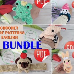 May include: A bundle of crochet PDF patterns for making amigurumi wrist cuffs. The patterns include a frog, a mushroom character, a snake, a pug with an apple on its head, and a bunny rabbit. The patterns are available in English.