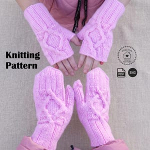 Patrón 2 en 1 de guantes y manoplas de punto trenzado sin dedos para niños, paquete de patrones PDF de manoplas de invierno para niños, tejido circular.