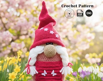 Häkelanleitung für ein Zwergenmädchen, Amigurumi-Puppe mit rosa Schürze und Sternen (PDF)