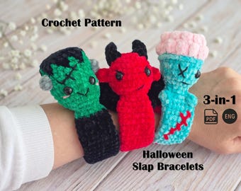3 in 1 Halloween Slap Bracelets Crochet Pattern, Green Monster Devil Zombie PDF, No Sew Spooky Amigurumi Toys