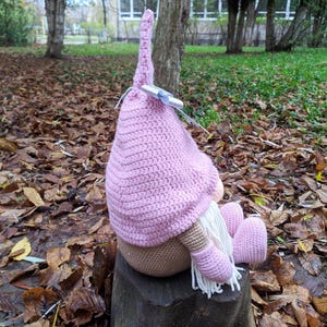 May include: A handmade crochet gnome doll with a pink hat and matching feet and arms. The gnome has a beige body and a long white beard. It is sitting on a tree stump outdoors, surrounded by fallen leaves.