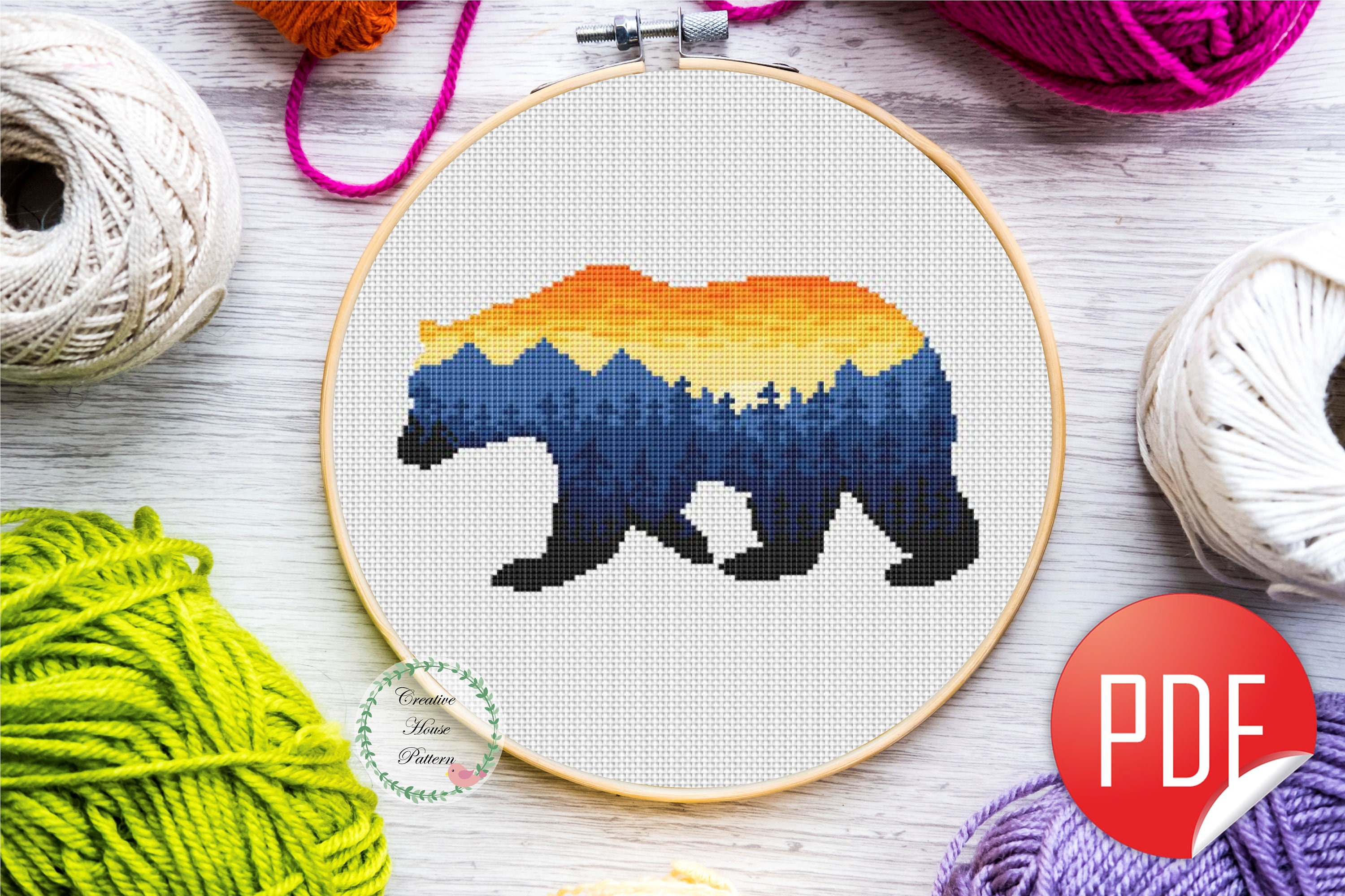 Bear Silhouette Sunset Landscape Cross Stitch Pattern - PDF Download, Wildlife Cross Stitch, Nature Embroidery, Sunset Wall Art Design