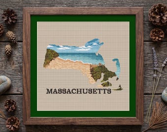 Patrón de punto de cruz de paisaje oceánico costero de Massachusetts (PDF), diseño de bordado de silueta de playa, descarga digital