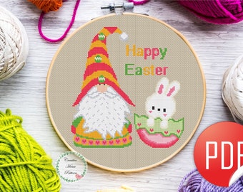 Easter gnome cross stitch pattern, easter bunny cross stitch, happy easter cross stitch, preppy cross stitch, cute cross stitch for beginner