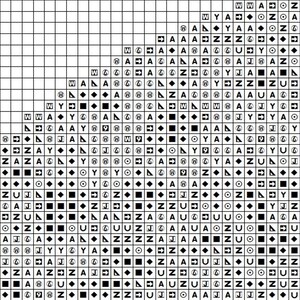 May include: Black and white cross stitch pattern chart with symbols for a geometric design. The chart includes a variety of symbols, including squares, circles, triangles, and diamonds.