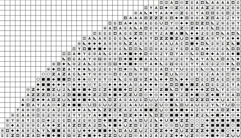 May include: Black and white cross stitch pattern chart with symbols for a geometric design. The chart includes a variety of symbols, including squares, circles, triangles, and diamonds.