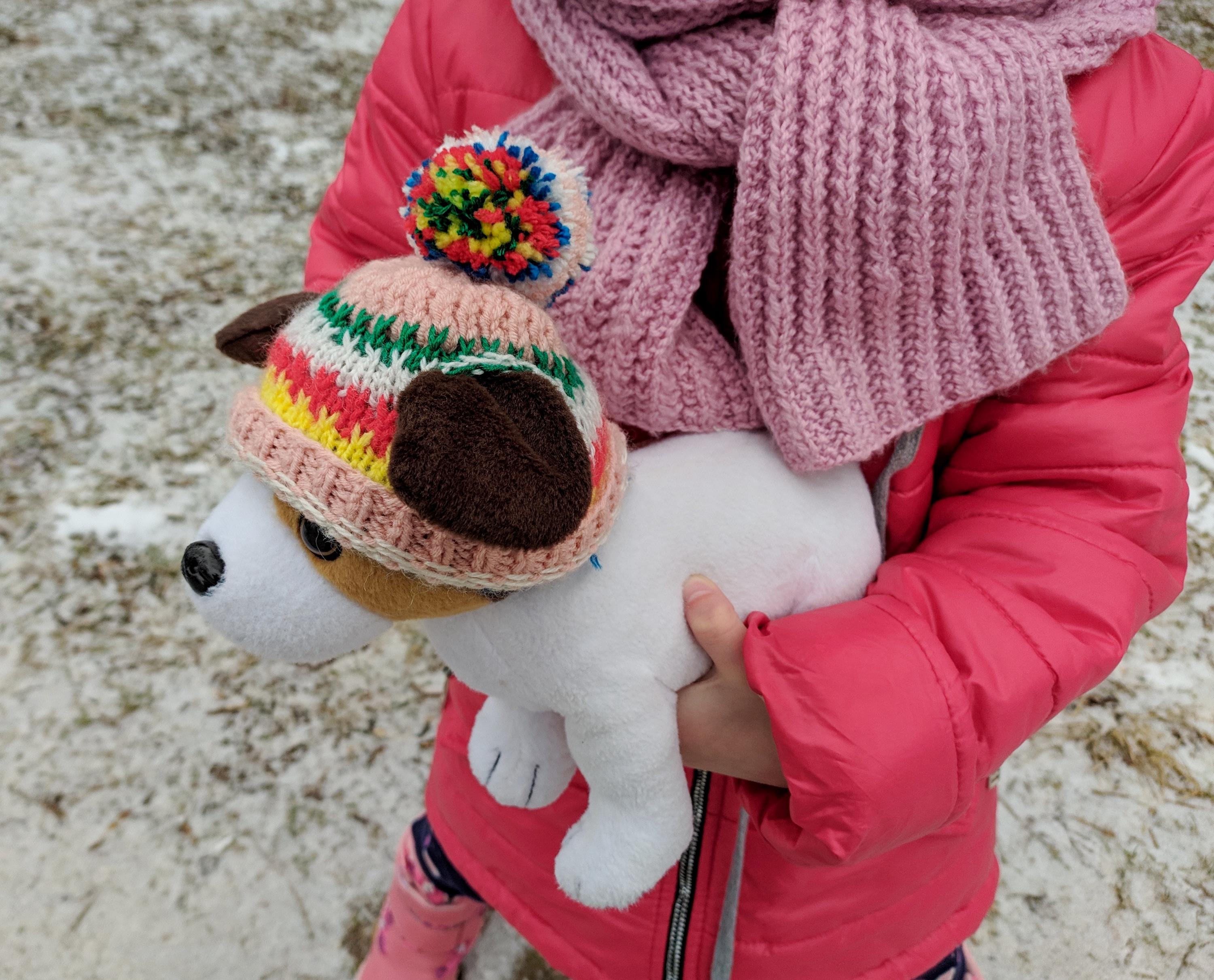 犬用帽子の編み図（PDF、英語）、ポンポン犬用帽子の編み図、犬用