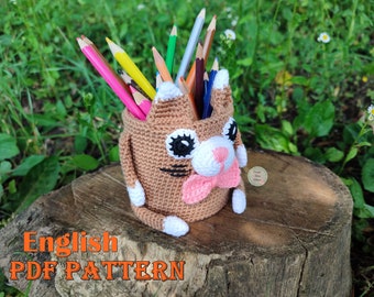 Amigurumi cat pencil holder crochet pattern, cat crochet, candy bowl crochet, hook holder crochet, cat pen stand crochet, instant PDF