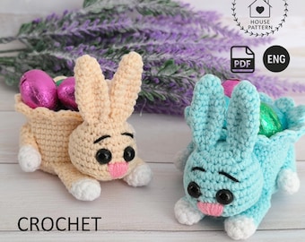 Easter bunny basket crochet pattern, crochet rabbit planter pot, Easter decorations, Amigurumi Easter bunny