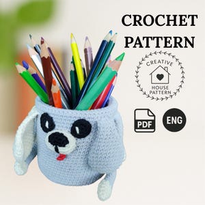 Portapenne amigurumi a forma di cane all'uncinetto, schema PDF in inglese, grazioso organizer da scrivania, schema amigurumi per cane, animaletto all'uncinetto fai da te, download immediato