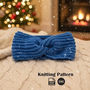 May include: A blue knitted headband with a central twist detail. The text Knitting Pattern is displayed above a PDF icon and an ENG circle icon. The headband features a ribbed texture and is presented as a digital document for crafting.