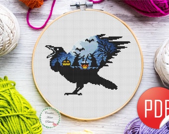 Сrow cross stitch pattern, Halloween modern counted cross stitch, scary cross stitch chart, instant download PDF, fall holiday cross stitch