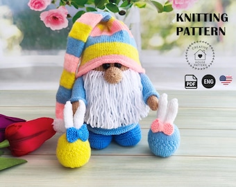 Easter Gnome Knitting Pattern, Spring Gonk with Bunny Eggs Tutorial, Knitted Shelf Sitter Decoration, Holiday Gift DIY, English Instructions