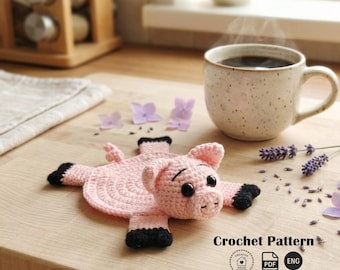 Coaster crochet pattern PDF English, amigurumi pig crochet pattern, handmade piglet, decor coaster, crochet coasters, easy crochet patterns