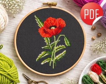 Patrón de punto de cruz de amapola roja en PDF, diseño de bordado floral (descarga instantánea)