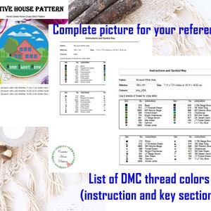 May include: A cross stitch pattern for a house with the words "Home Sweet Home" in a circle. The pattern includes a list of DMC thread colors and instructions for completing the project. The image also shows a completed version of the cross stitch pattern.