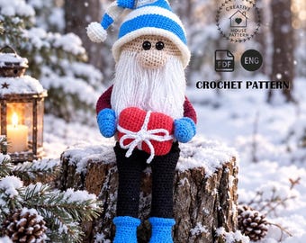 Christmas gnome with gift crochet pattern, Shelf sitter tomte PDF