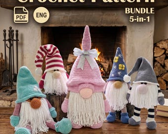 Gnome Crochet Pattern Bundle 5 in 1, Amigurumi Plush Gnomes Set, Scandinavian Home Decor, Soft Toy PDF