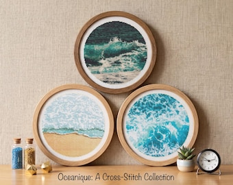 Modern Sea Cross Stitch Pattern Set of 3, Nautical Wall Art Embroidery, Ocean Wave Hoop Art, Coastal Home Decor, Instant Download PDF