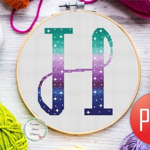 Letter H cross stitch pattern, starry night cross stitch, counted cross stitch, alphabet cross stitch, initial cross stitch easy, monogram h