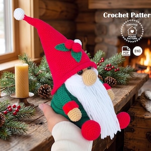 May include: A handmade crochet gnome doll with a red hat, green body, and white beard. The gnome has a beige nose and red feet. The image includes the text "Crochet Pattern".