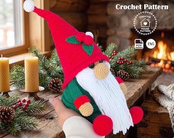 May include: A handmade crochet gnome doll with a red hat, green body, and white beard. The gnome has a beige nose and red feet. The image includes the text "Crochet Pattern".